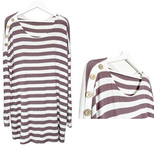 Mon Ami USA Brown and Cream Striped Button Shoulder Tunic Top L